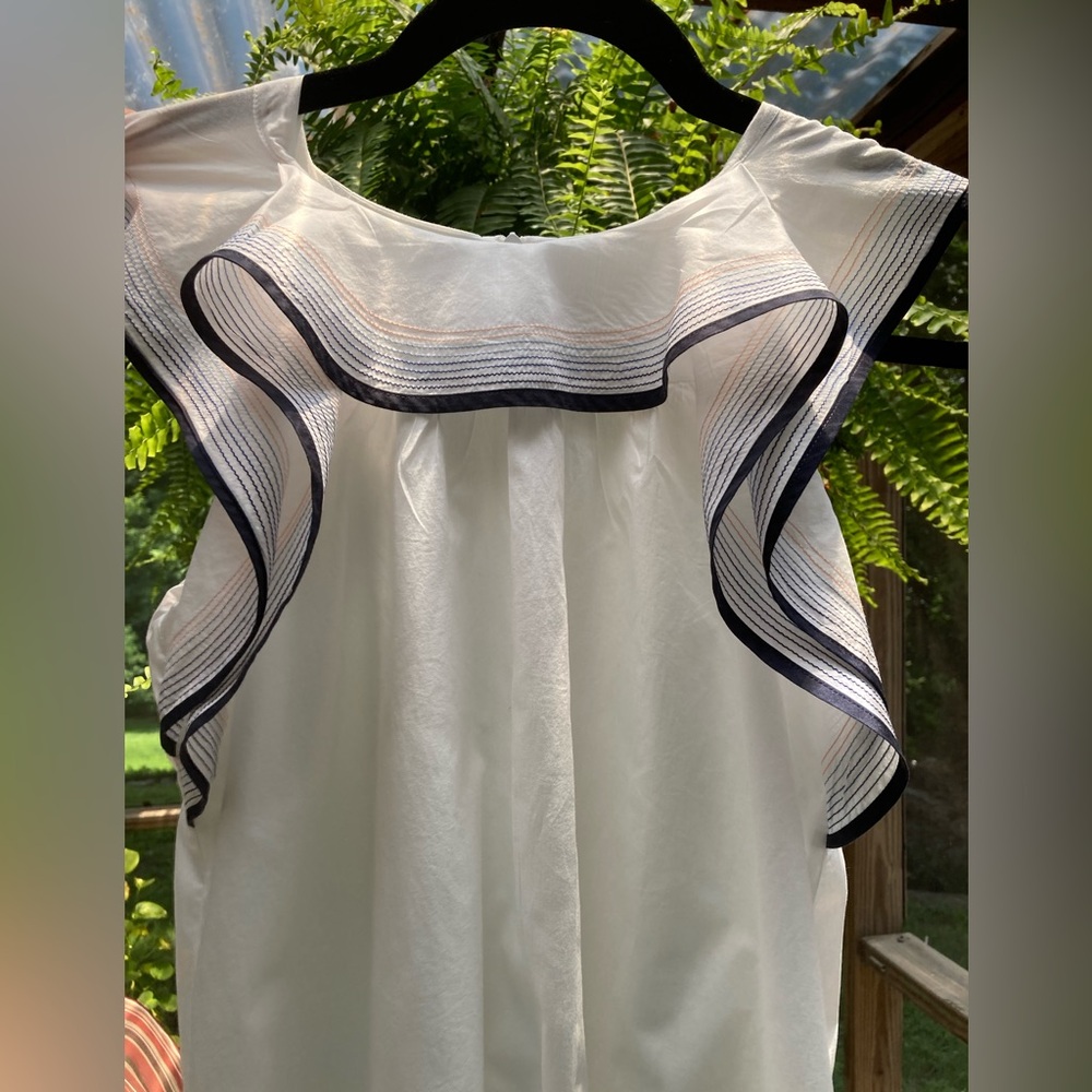 Chloe girls white cotton ruffle dress with blue and pink  stitched trim